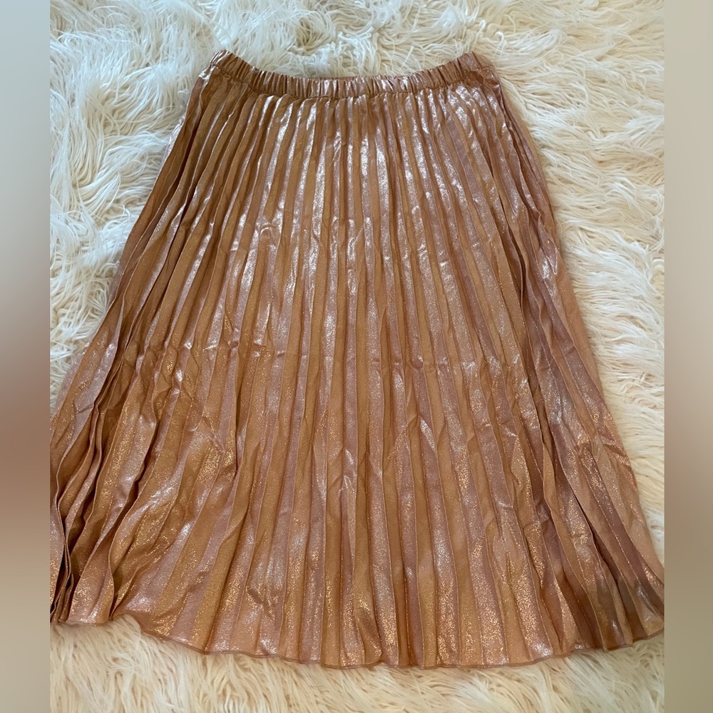 Divided Metallic Rose Gold Pleated Midi Skirt